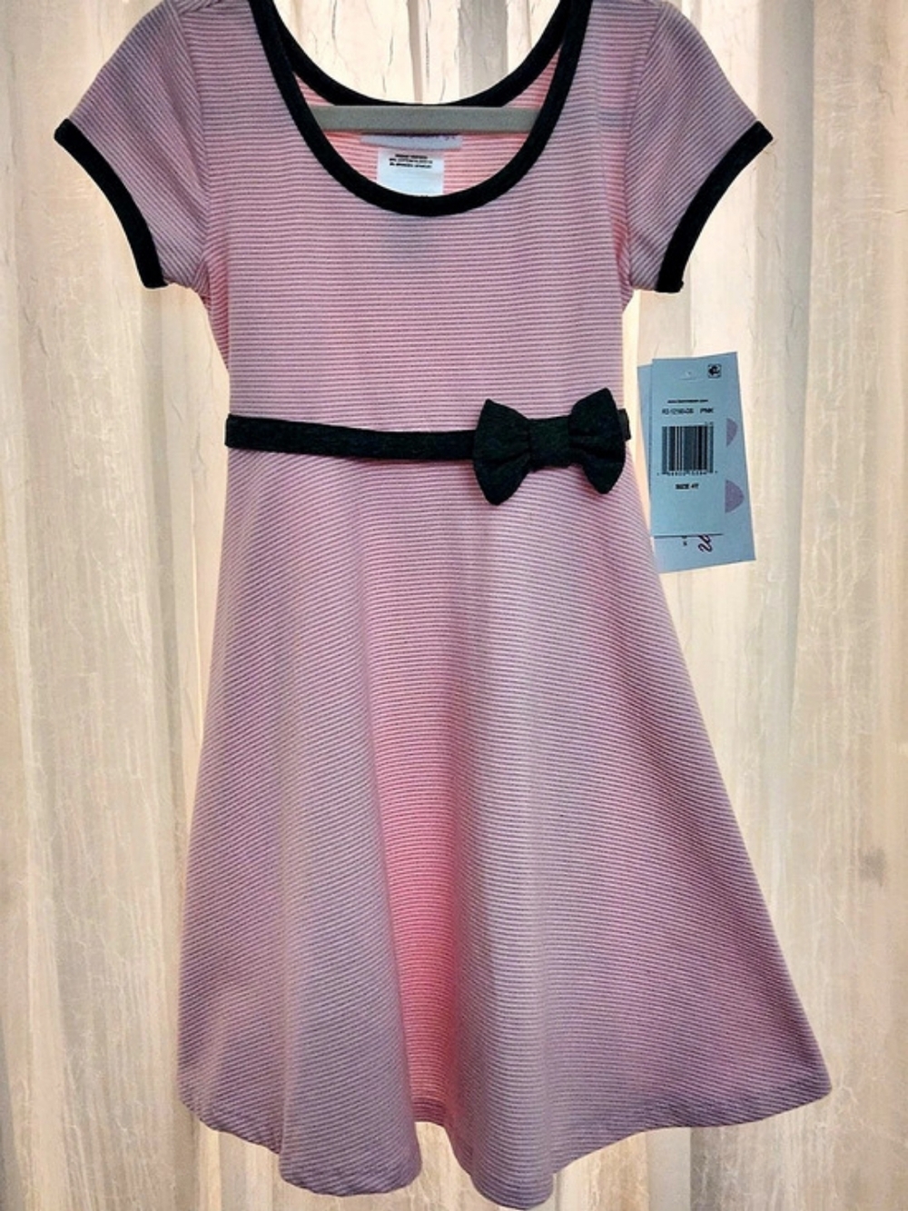 Bonnie Jean Short Sleeve Striped Dress Pink/White w/Gray Trim, Size 4T NWT